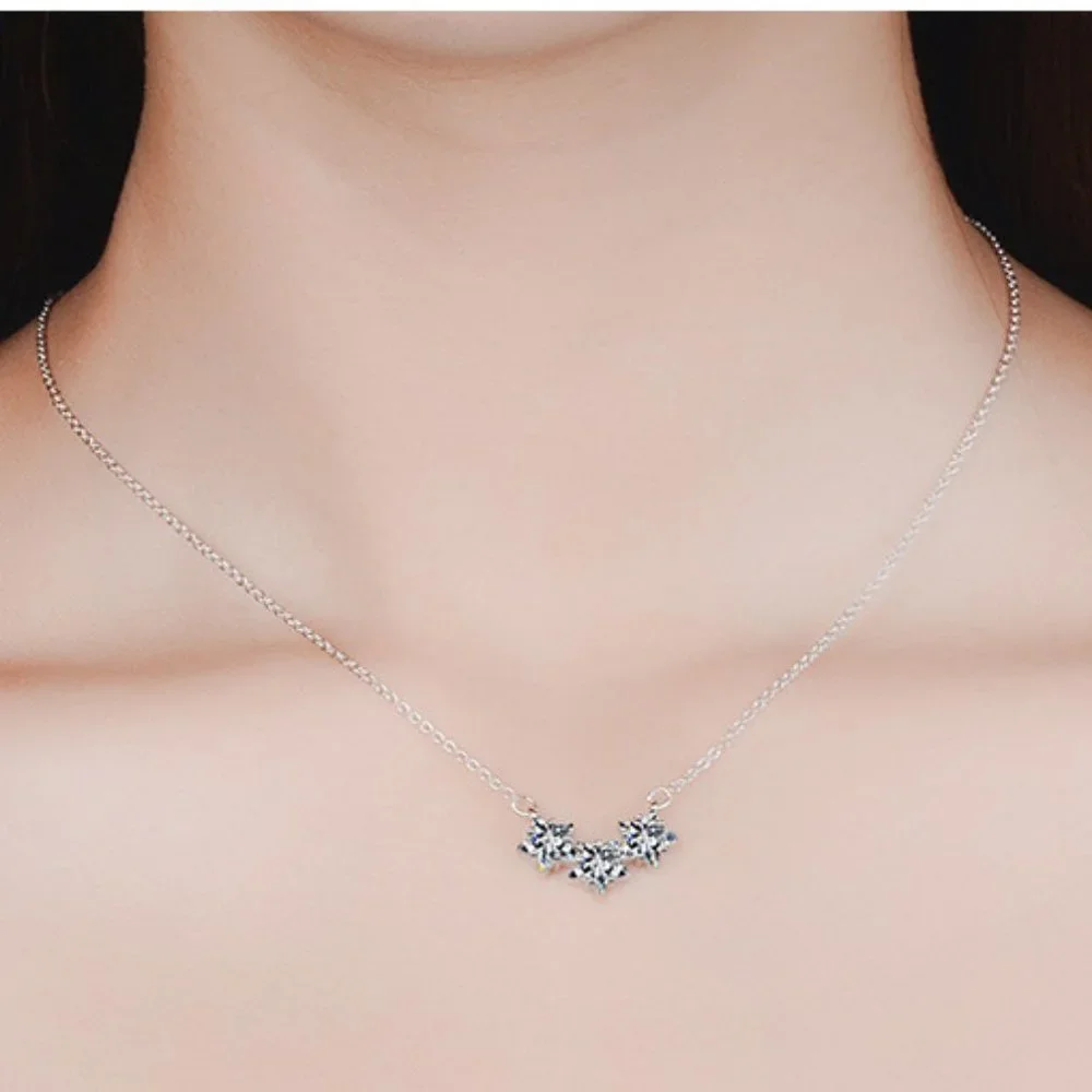 #NEW 925 Sterling Silver Diamond Triple Star Necklace